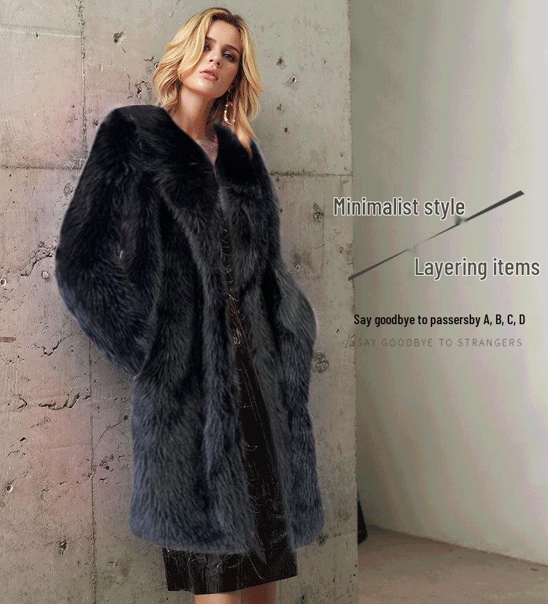 European & American Women's Winter Faux Fur Long Coat with Suit Collar
