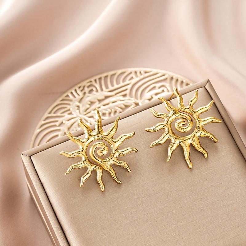 Fashion Metal Sun Long Pendant Earrings Bracelet for Women Retro Ethnic Style Gold Color Spiral Hand Chain Chic Jewelry Set