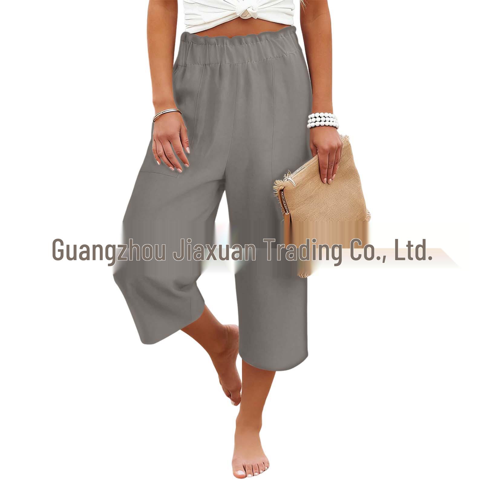 

Women s Cotton-Linen Cropped Pants with Pockets - Elastic Waist, Solid Color, Loose Fit S серый