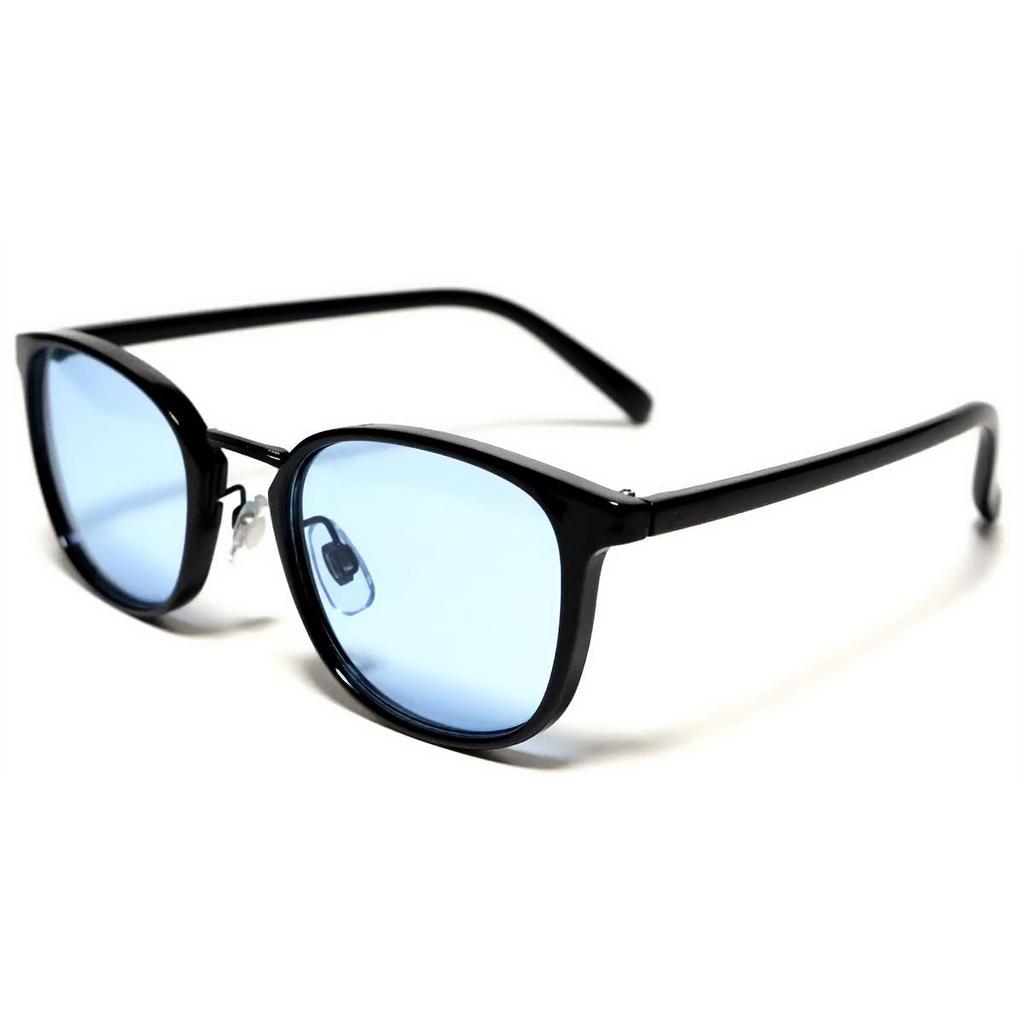 [Bliss Leather] BlackBlack x Light Blue Sunglasses, Fashion Glasses, Wellington Style, Full Rim, Men's & Women's, Non-Prescription, Colored,