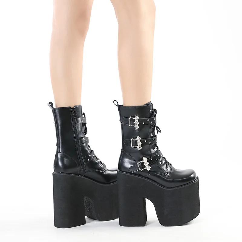 Fashion Big Size autumn Buckle Knight Boots New Ultra High Front Lace-up Thick Sole Side Zipper Boots Patent Leather Ankle Boot