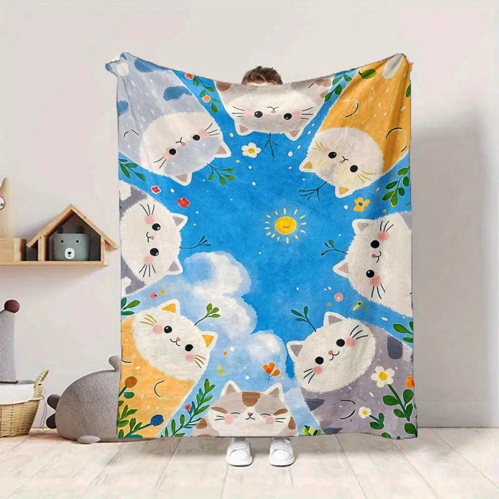1pc Cats Flowers Lightweight Flannel Blanket, Comfortable and Warm Blanket, for Office and Camping Sofa Bed, Livingroom062
