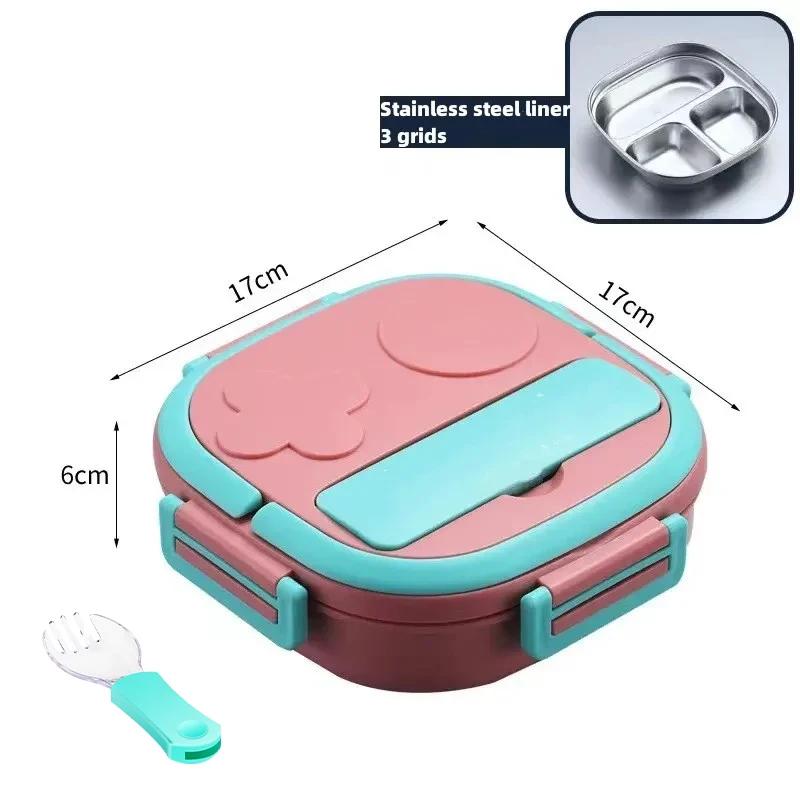 304 Stainless Steel Lunch Box Food Container Bento Box with Fork for Child Student Outdoor Portable Tableware 3 Girds for Picnic розовый 2649₽