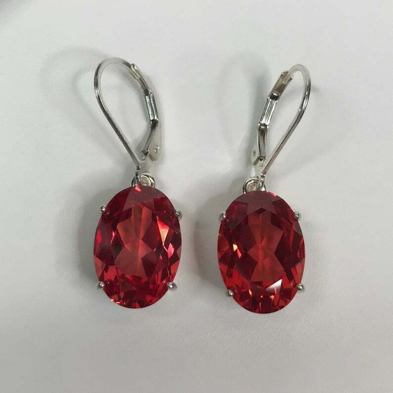 16cts Oval Cut Orange Padparadscha Sapphire Sterling Silver Leverback Earring For Women