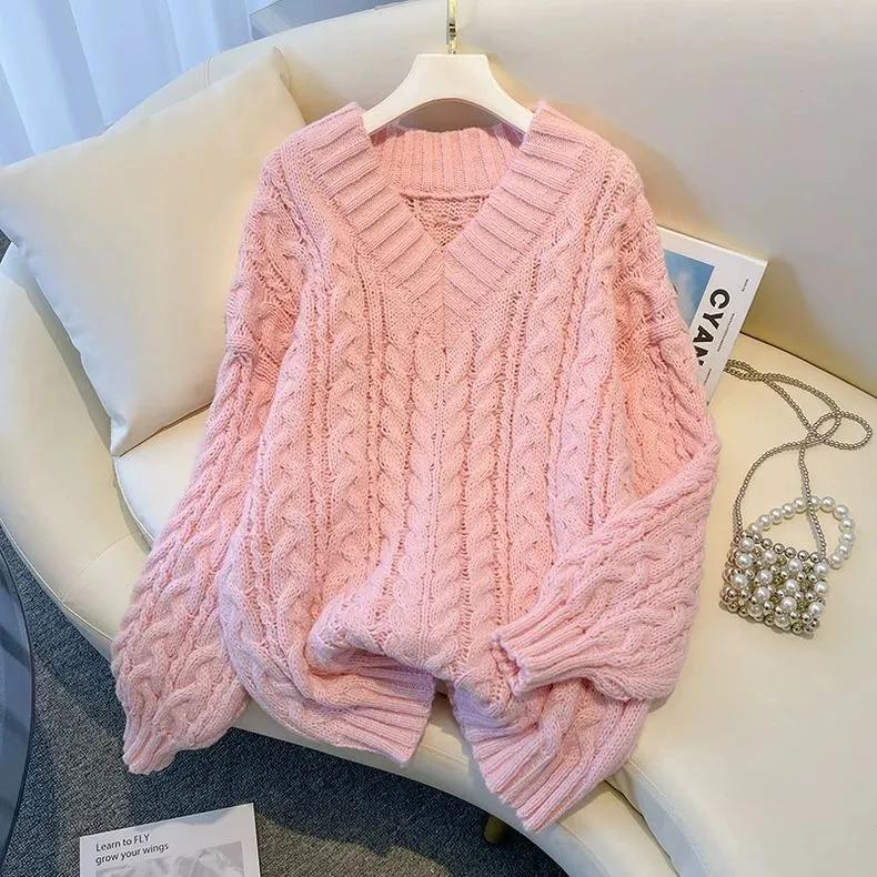Women V Neck Knitted Pullovers Korean Long Sleeve Knitwear Winter Casual Jumpers