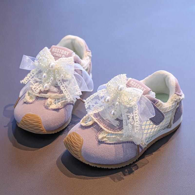 Löparskor för barn Mesh Andningsbara Flickors Fritidsskor Mesh Snörning Rosetter 2025 Nya Barnsportskor Pärlbroderi Söta Tår Förstärkta