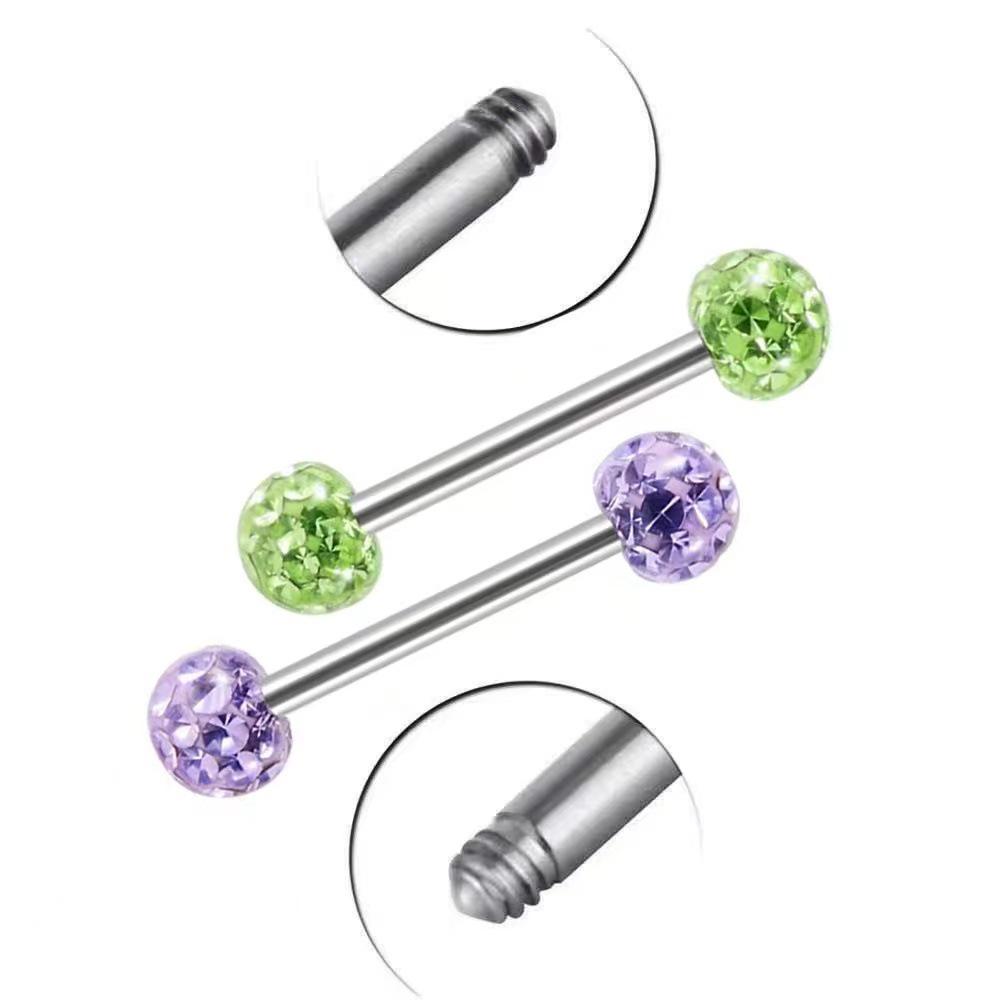 Titanium Shamballa Diamond Ball Tongue Stud with Polymer Clay Diamond Inlay - 14G Body Piercing Jewelry