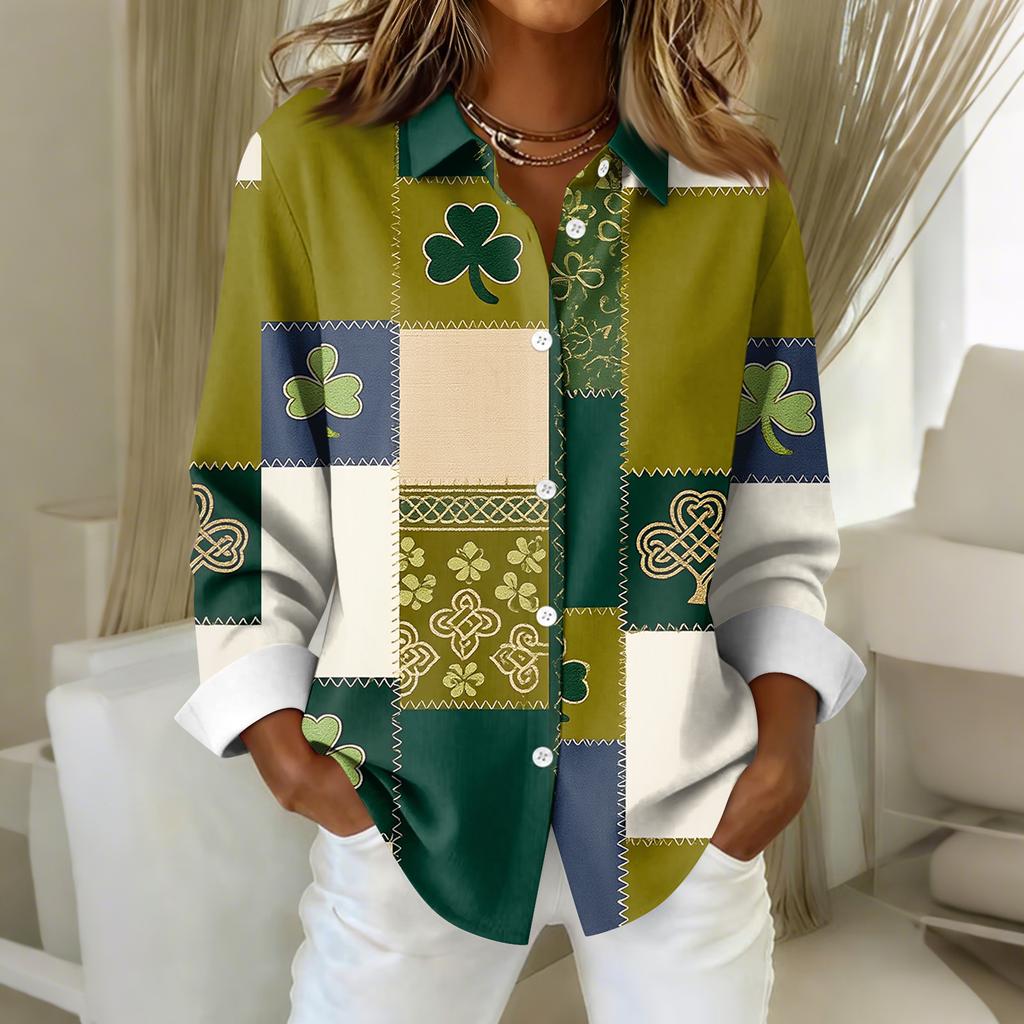 Dámská košilová halenka s vánočním potiskem s dlouhým rukávem pro volný čas Základní košile s límečkem Regular Top