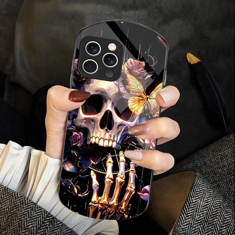 Skeleton Skull Flower For IPhone 16 Pro Max 11 12 Mini 13 14 P Lus 15 Plus 7 8 Se 2020 X Xs Elliptical Tempered Glass Phone Case