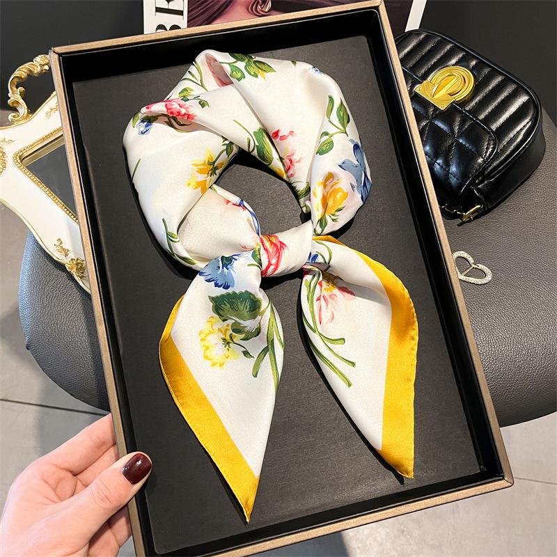 Flower Brocade Printing Simulation Silk Scarf Square Scarf High-End Shawl Versatile Neck Small Square Scarf Headscarf