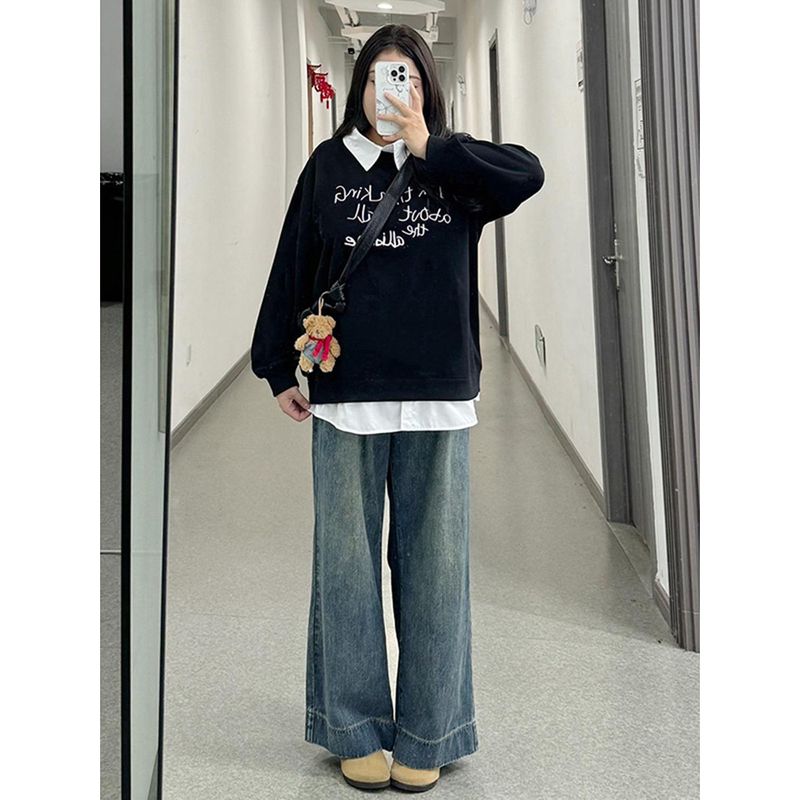 150kg Plus-Size Women's Retro Wide-Leg Jeans, New Spring Style Pants for Women, Slimming Straight-Leg Floor-Length Pants for Plus-Size Women