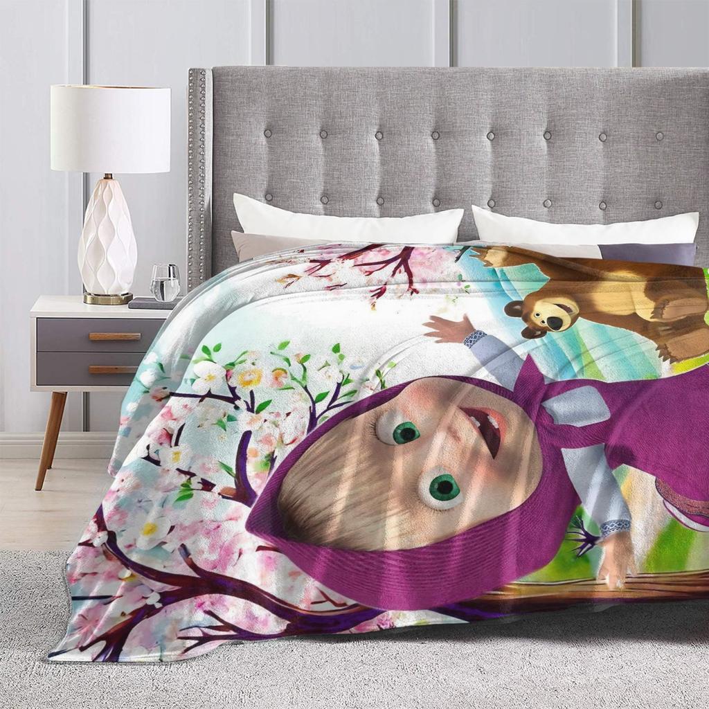 Cute Cartoon M Masha and Bear Blanket Coral Fleece Plush Summer Multi function Soft Throw Blanket for Sofa Travel Bedspread