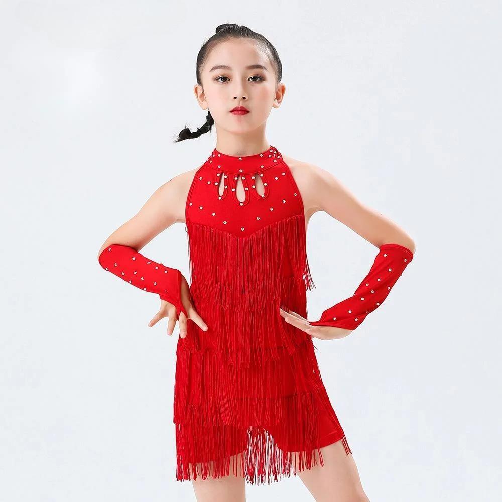 

Kids Latin Dance Costume Sequin Fringe Dress for Girls - Professional Salsa Bachata Ballroom Tango Competition Wear 160 червоний