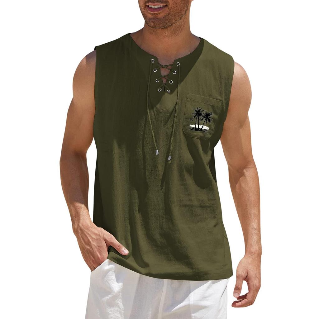 Men's Hawaiian Print Tank Top, Loose Fit Sleeveless Shirt with Adjustable Tie, Casual Beach Summer Top