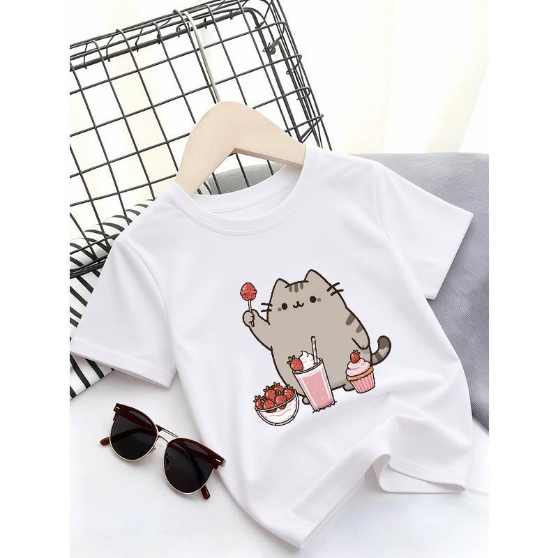 Kids Crewneck Short Sleeve T-Shirt, Cute Cat Dessert Drink Graphic