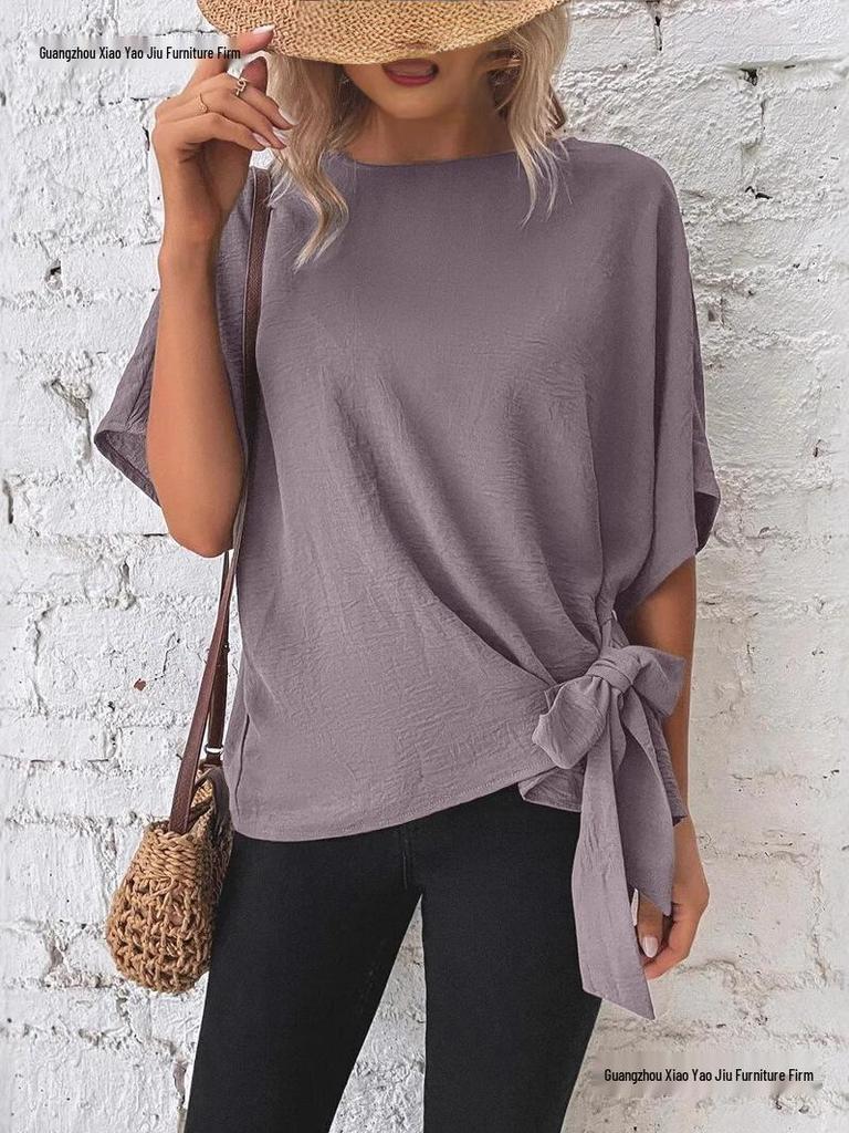 Summer Women's Solid Color Batwing Sleeve Knot Hem Loose T-shirt