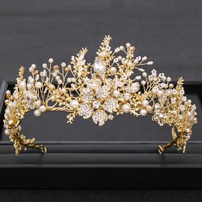 Corona de Boda de Moda Hecha a Mano Barroca Dorada Perla Pedrería Cristal Corona Accesorios para el Cabello de Boda Corona Corona de Boda Nupcial