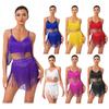 Traje de Competição de Dança Latina Feminino Decote em V Sem Mangas Top Cropped com Franjas Costas Cruzadas Saia de Performance com Camadas e Borlas