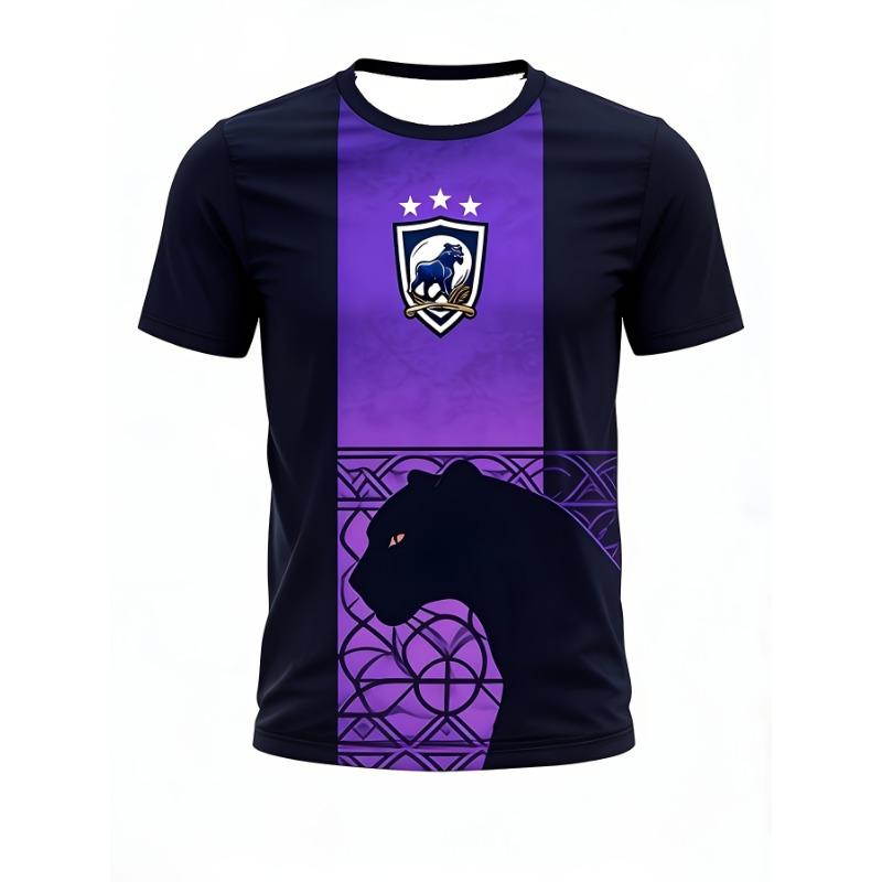 Purple and black short-sleeved T-shirt with leopard logo and geometric pattern, suitable for sports and casual occasions