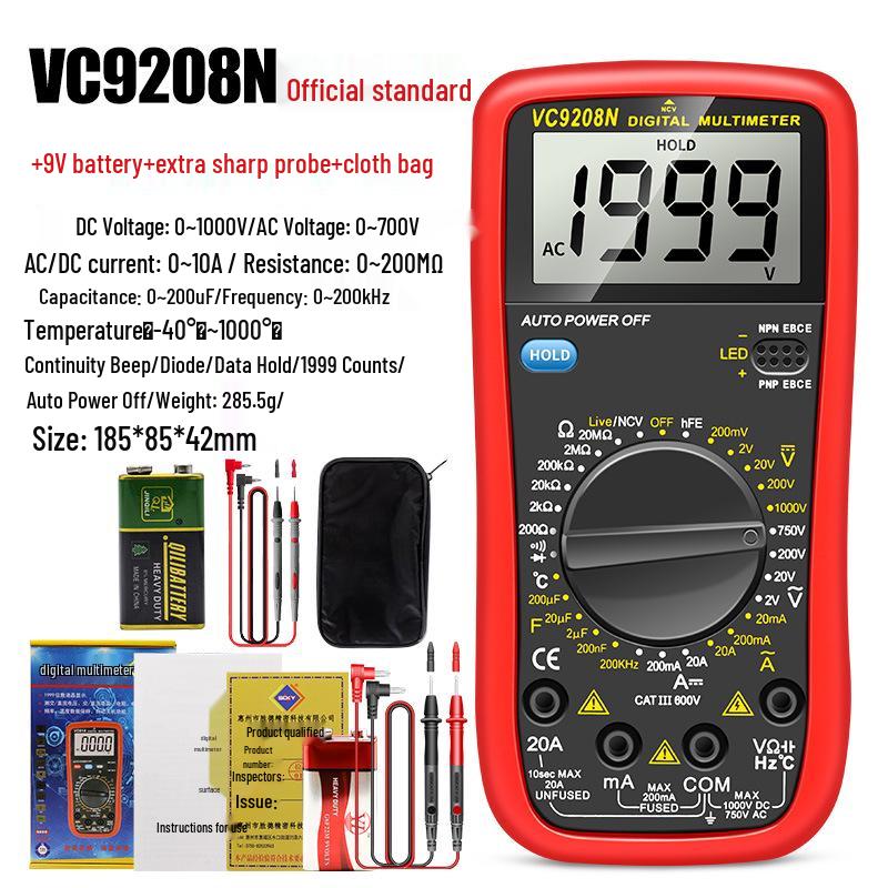 Shengde DT9205N High-Precision Digital Multimeter with Anti-Burn Protection and Auto Power-Off