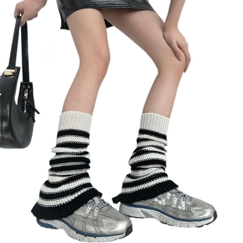 Girls Lolitas Leg Warmers Y2K Stripe Knitted Flared Leg Sleeves Goth Baggy Cuff Ankle Heap Socks JK Uniform Foot Cover