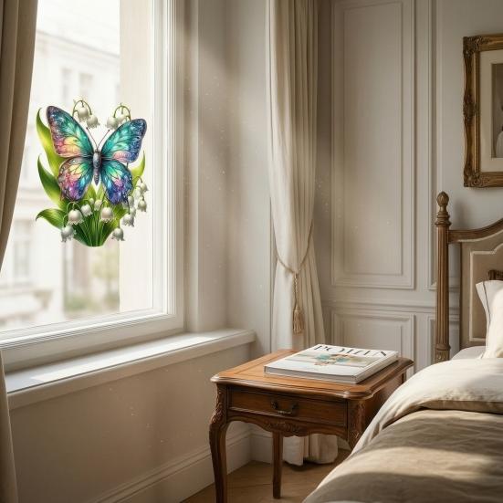 Flower Butterfly Design Window Sticker, Adhesion No Glue Waterproof Wall Decal for Living Room Bedroom Entrance Hall Home Decor