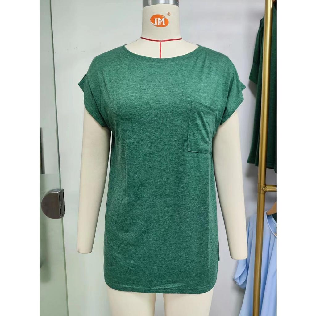 Spring Summer New Women's Loose Crew Neck Short Sleeve T-Shirt With Pocket Drop Shoulder Top Casual Tee For Crossborder Trade