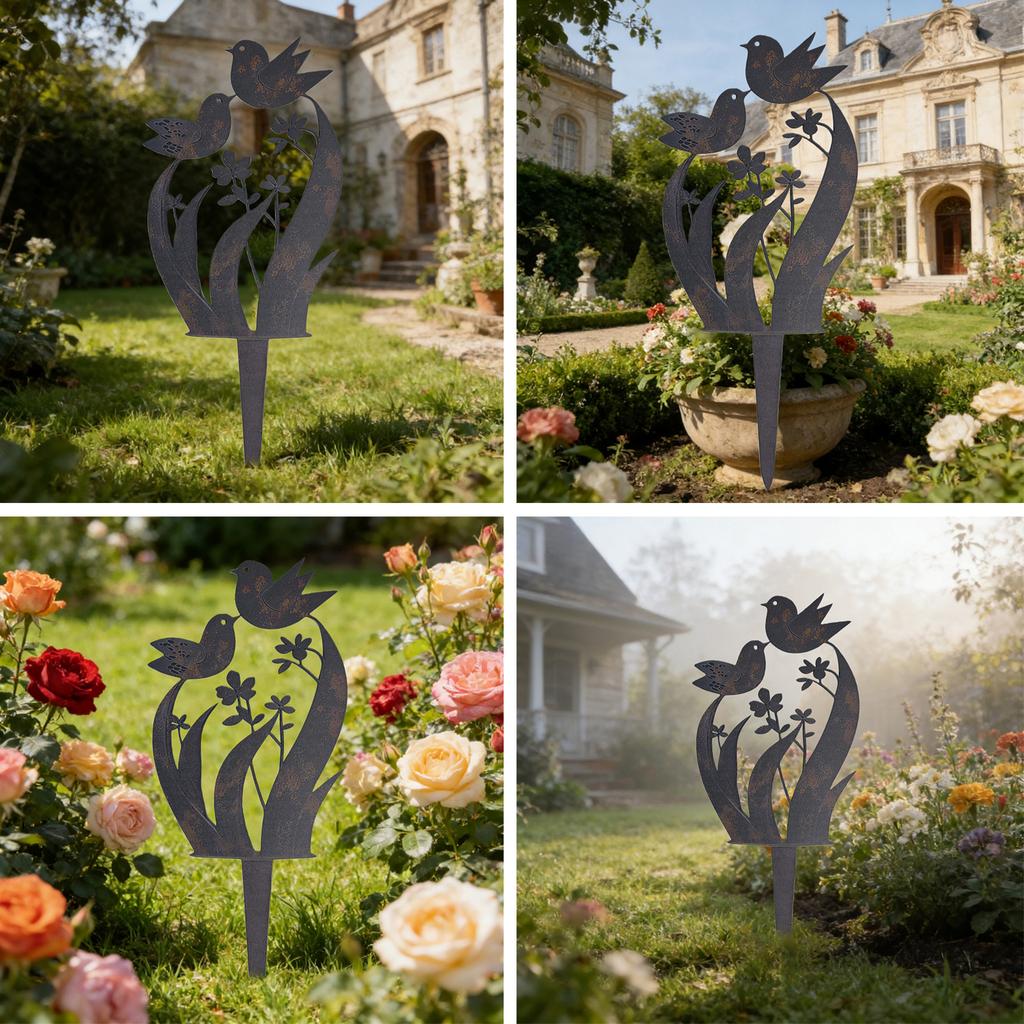 Metal Garden Stake with Bird and Floral Design Flower Bed Decor Plant Stake for Yard Lawn Rustic Garden Art Ornament Decor