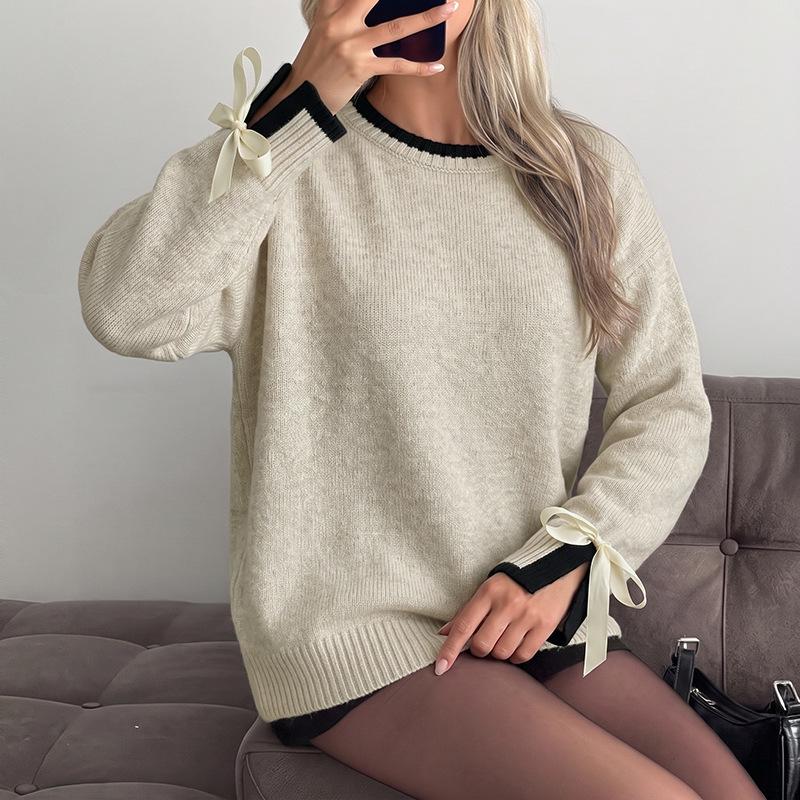European 2026 Autumn/Winter Color Block Bow Cuff Sweater for Women
