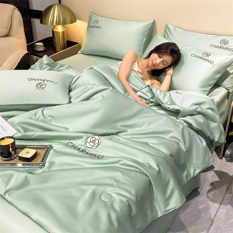 Kaufe Sommer Dünne Kühle Steppdecke Kissenbezug Bettlaken 4-teiliges Bettwäscheset Heimtextilien Queen Size Klimaanlage Steppdecke Decke Waschbar zum Preis ab 51