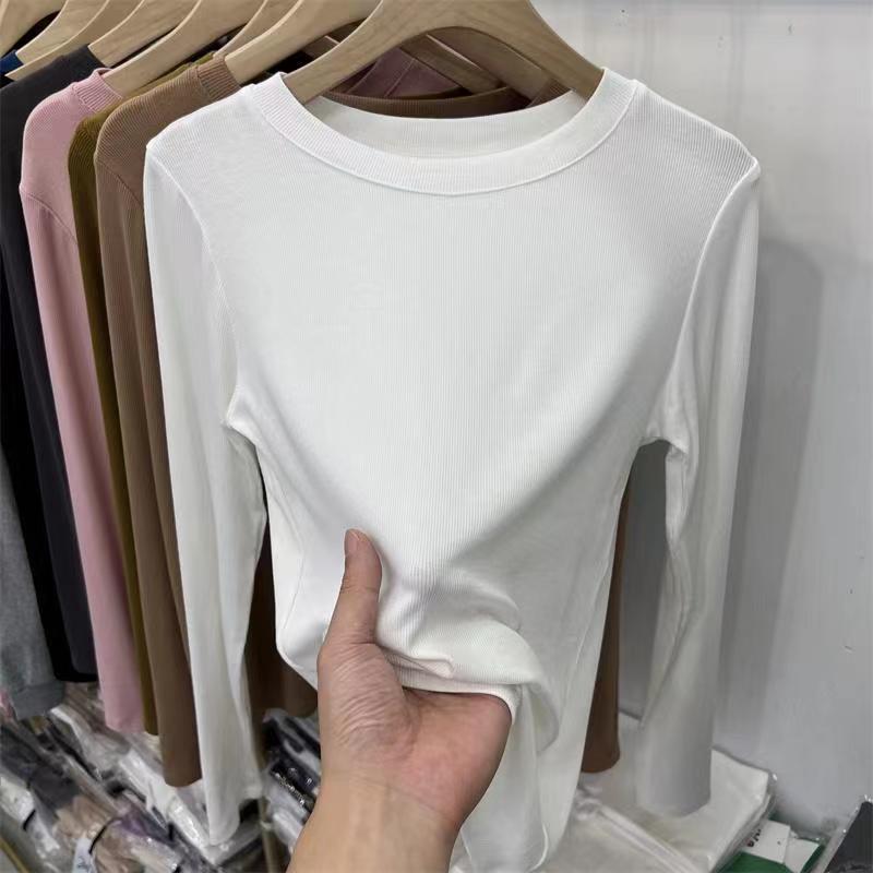 Lady Basic O-Neck Slim T-Shirt Women Solid Multi Color All-Match Trend Casual Top Screw Thread Long Sleeve Elastic