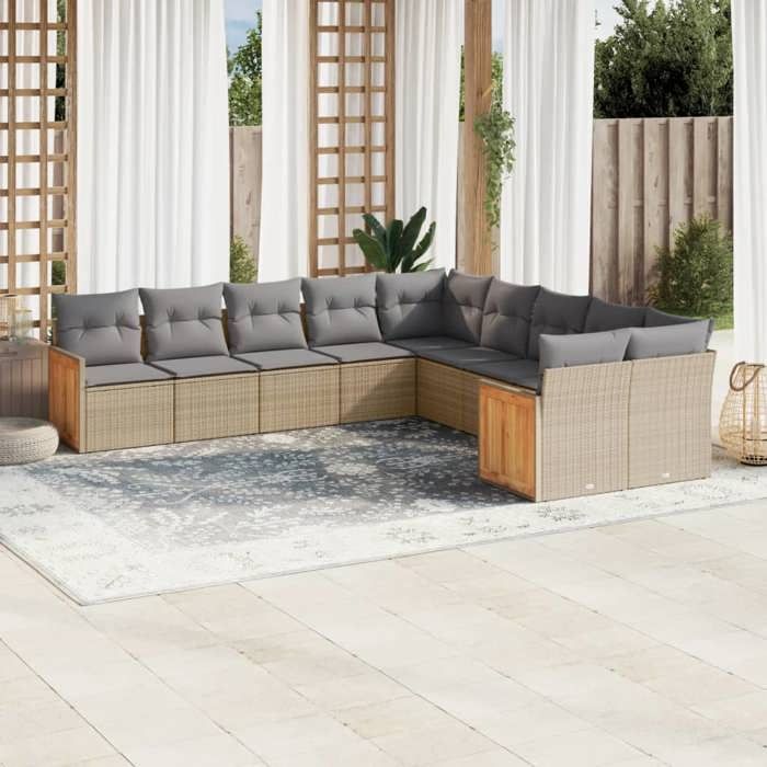 VidaXL Salon de Jardin avec Coussins 10 pcs, Canapés de Terrasse, Ensemble de Meubles de Patio, Mobilier d'Extérieur, Beige 3228033