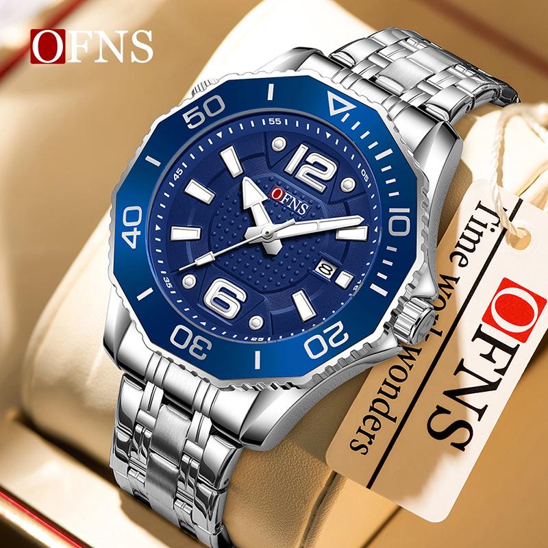 OFNS Men's Rotating Bezel Quartz Watch: 3D Numerals, Waterproof, Steel Strap, Ideal for Business & Commuting