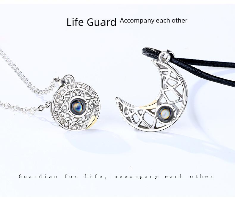 100 Languages Projection Stone Sun & Moon Couple Magnet Necklace Set