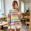 Womens Oversized Rainbow Striped Knit Sweater Loose Fit Round Neck Pullover Casual Streetwear