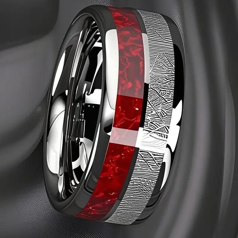 Two-Tone Stainless Steel Ring: Silver & Red Textured Minimalist Design