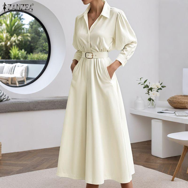 ZANZEA Women Turn Down Collar Long Sleeve Loose Casual Long Shirt Dress