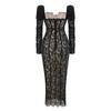 European Black Lace Long Sleeve Formal Dress with French Puff Sleeves, Square Neck, Cut-out Detail, and Slim Fit Mermaid Skirt