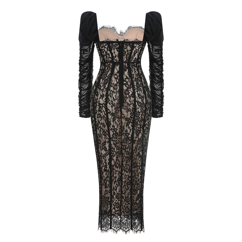 European Black Lace Long Sleeve Formal Dress with French Puff Sleeves, Square Neck, Cut-out Detail, and Slim Fit Mermaid Skirt