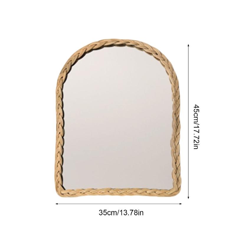 Rattan Wall Mirror with Wooden Framed Farmhouses Arched Wood Mirror for Modern Decorative Bathroom Living Room Entryway