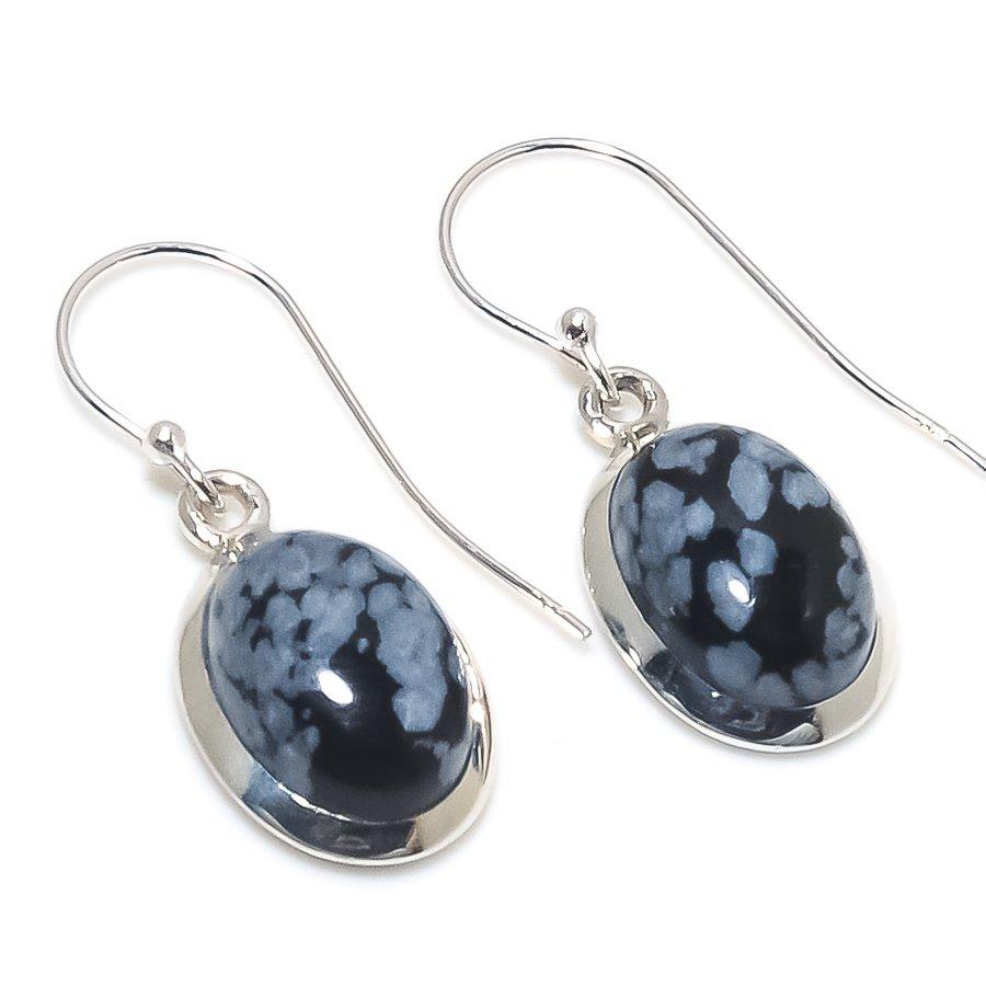 Natural Snowflake Obsidian Gemstone 925 Solid Sterling Silver Earring 1.50" K1n23