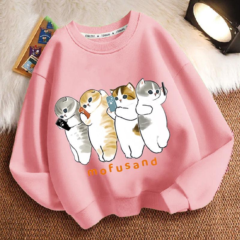 Cute Cat Round-neck Hoodie for Children, Fashionable Long-sleeved Casual Top for Boys and Girls In Spring and Autumn