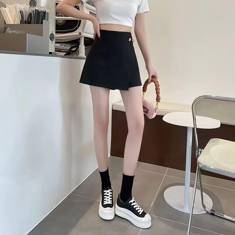Korean High-Waist Button Drawstring Skirt, Summer 2025 Bodycon Mini with Anti-Exposure Feature, Irregular A-line Midi Design.