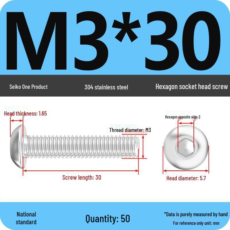 304 Stainless Steel Pan, Half, and Round Head Hexagon Screws (M2-M12)