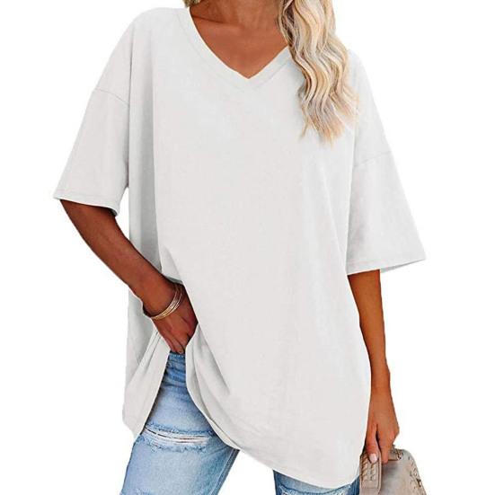 Tričko s výstřihem do V, krátký rukáv, prodyšné, dámské, jednobarevný, volný svetr, streetwear