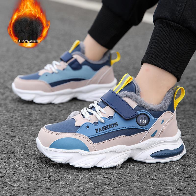 

Waterproof Boys Cotton Sports Shoes with Plush Lining - Warm Autumn/Winter Leather Sneakers 40
