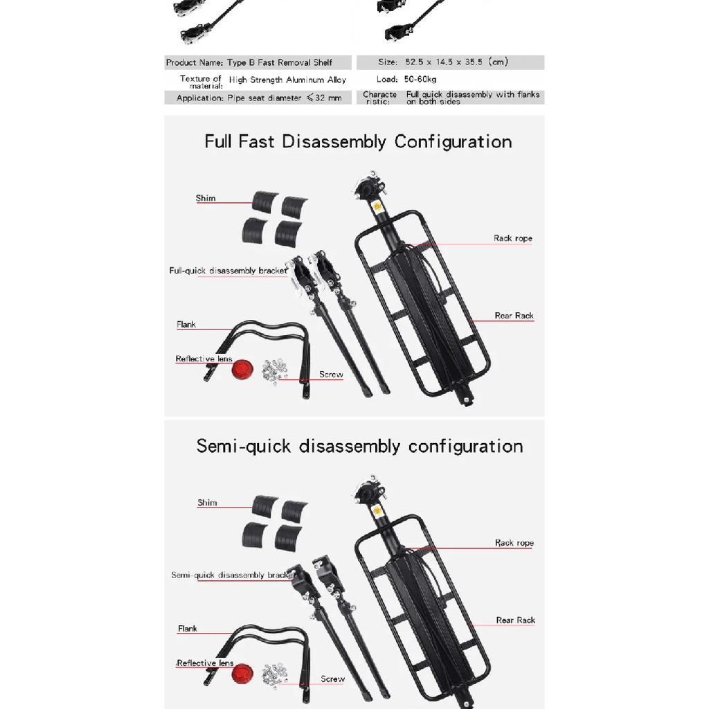 Rear Bike Rack Aluminum Alloy Adjustable Cargo Carrier for 26-29 Inch Mountain Road Bike Cycling Luggage Carrier with Reflector