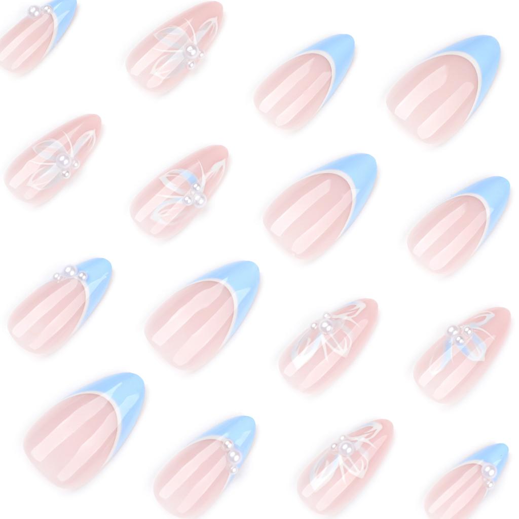 French Blue Wear Nail Piece Butterfly Pearl Nail Art False Nail Repeatable Short Almond Nail Piece