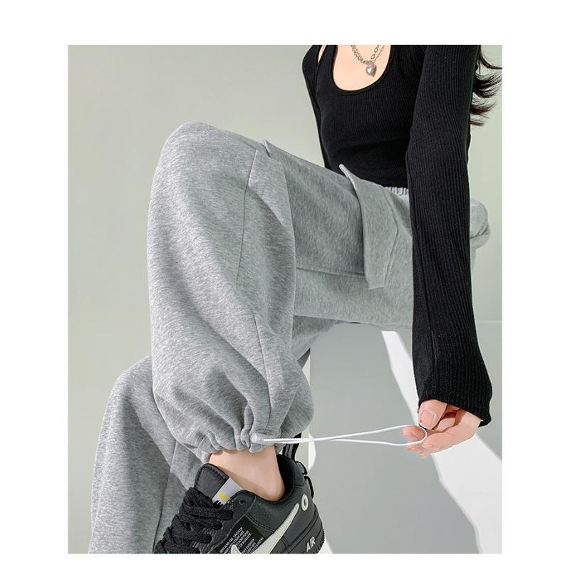 Retro Gray Work Clothes Trousers for Women New Loose High Waist Straight Tying Feet Casual Sports Trousers