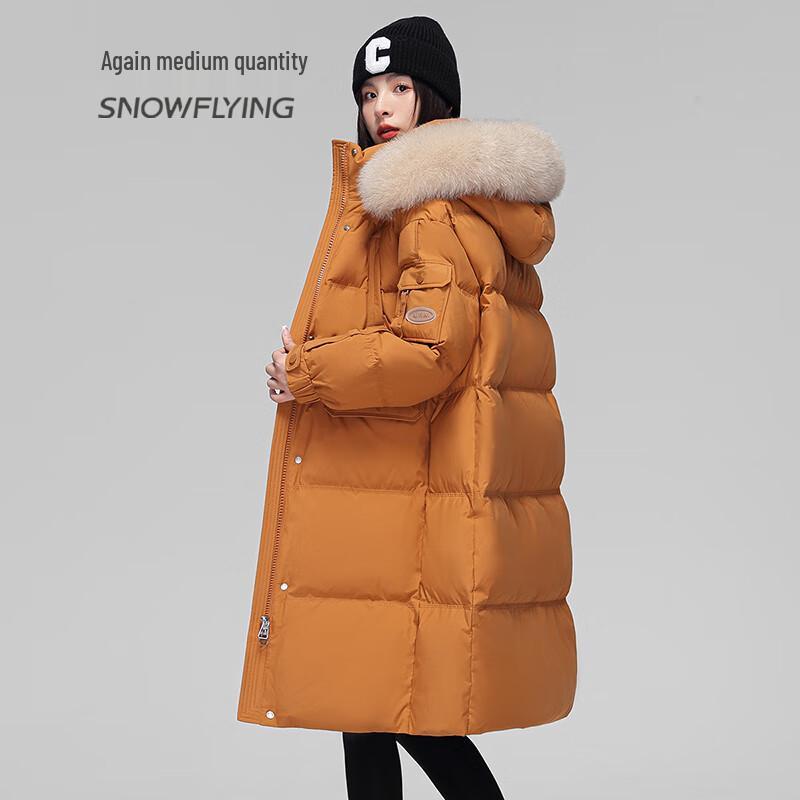 SNOWFLYING Women's Mid-length Down Jacket with Fox Fur Collar